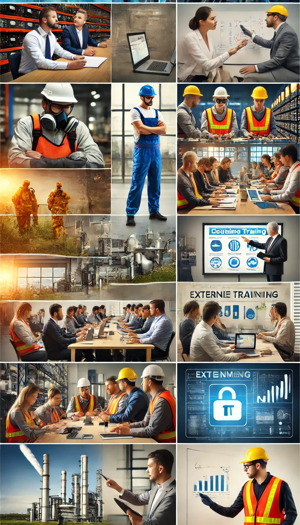 DALL·E 2024-09-10 10.53.56 - A vertical photo collage featuring various industries and training themes_ 1. Occupational safety and health_ a worker in safety gear attending a trai.webp